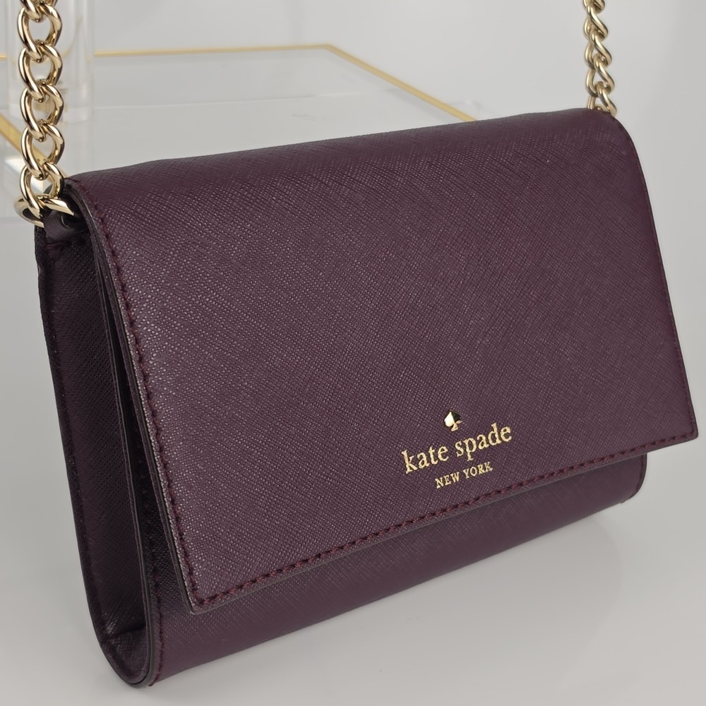 Kate Spade Morgan Saffiano Leather Flap Chain Wallet Deep Plum Crossbody‎ Purse